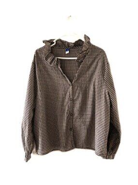 Old Navy Black and Tan All Cotton Gingham Button-Down Blouse with Ruffle Collar